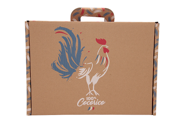 Moyenne Valisette Kraft carton décorée "Cocorico" avec poignée (34 x 25 x 11.5 cm)