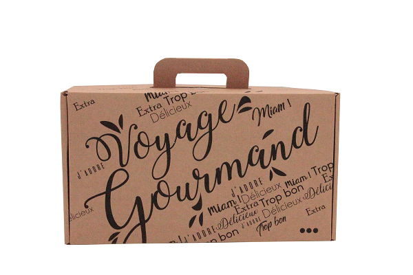 Petite Valisette Kraft carton décorée "Voyage Gourmand" avec poignée (33 x 18.5 x 9.5cm)
